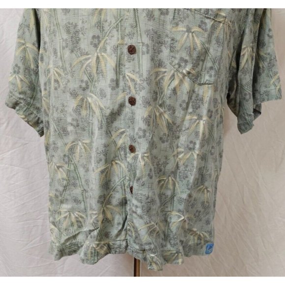 Bermuda Bay Large Green Floral Palm Trees Hawaiian Tropical Silk Button Shirt - Picture 4 of 11